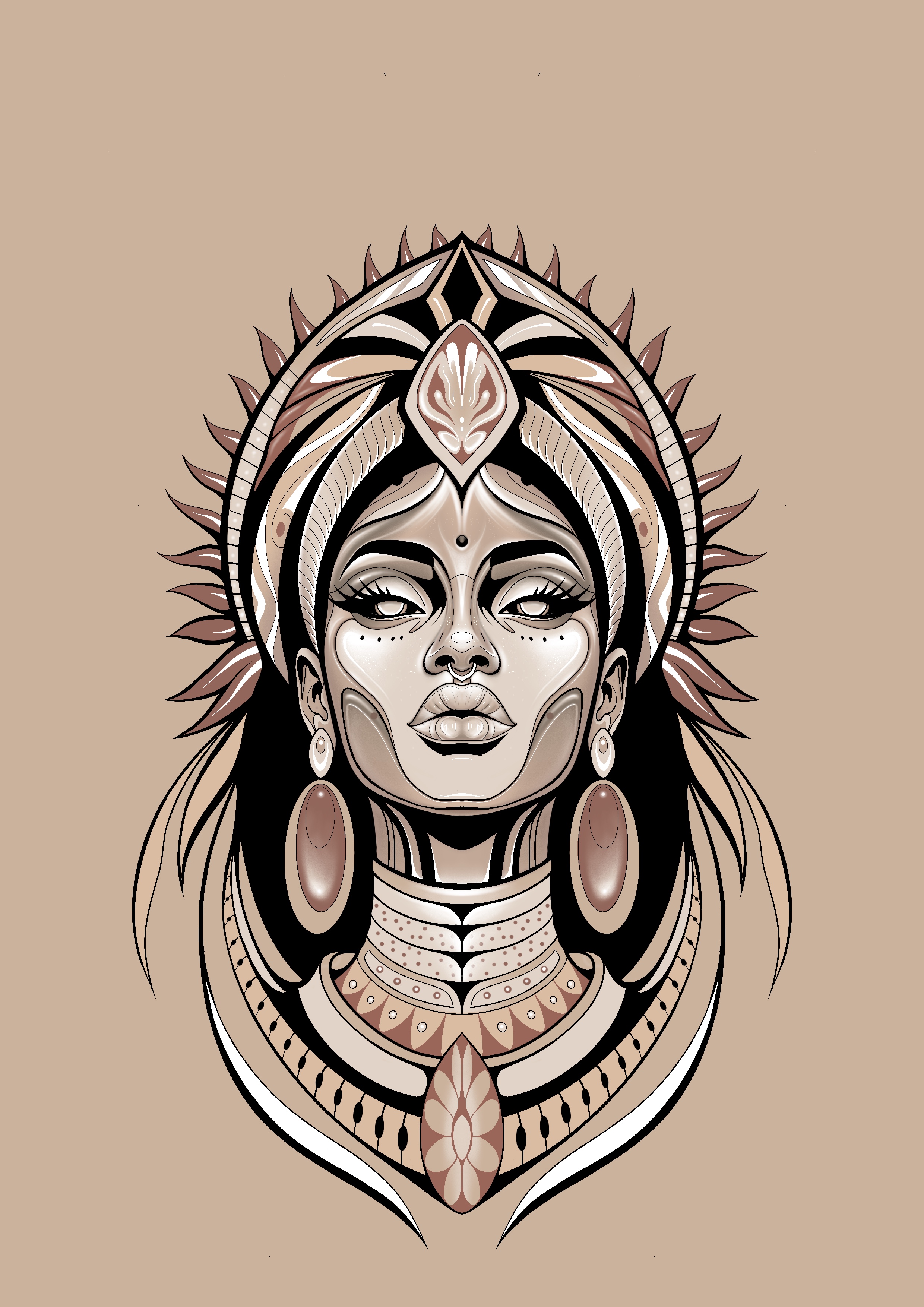 Portrait féminin frontal, couronne géométrique et ornements dans les tons sable et rose, dessin original de Leali