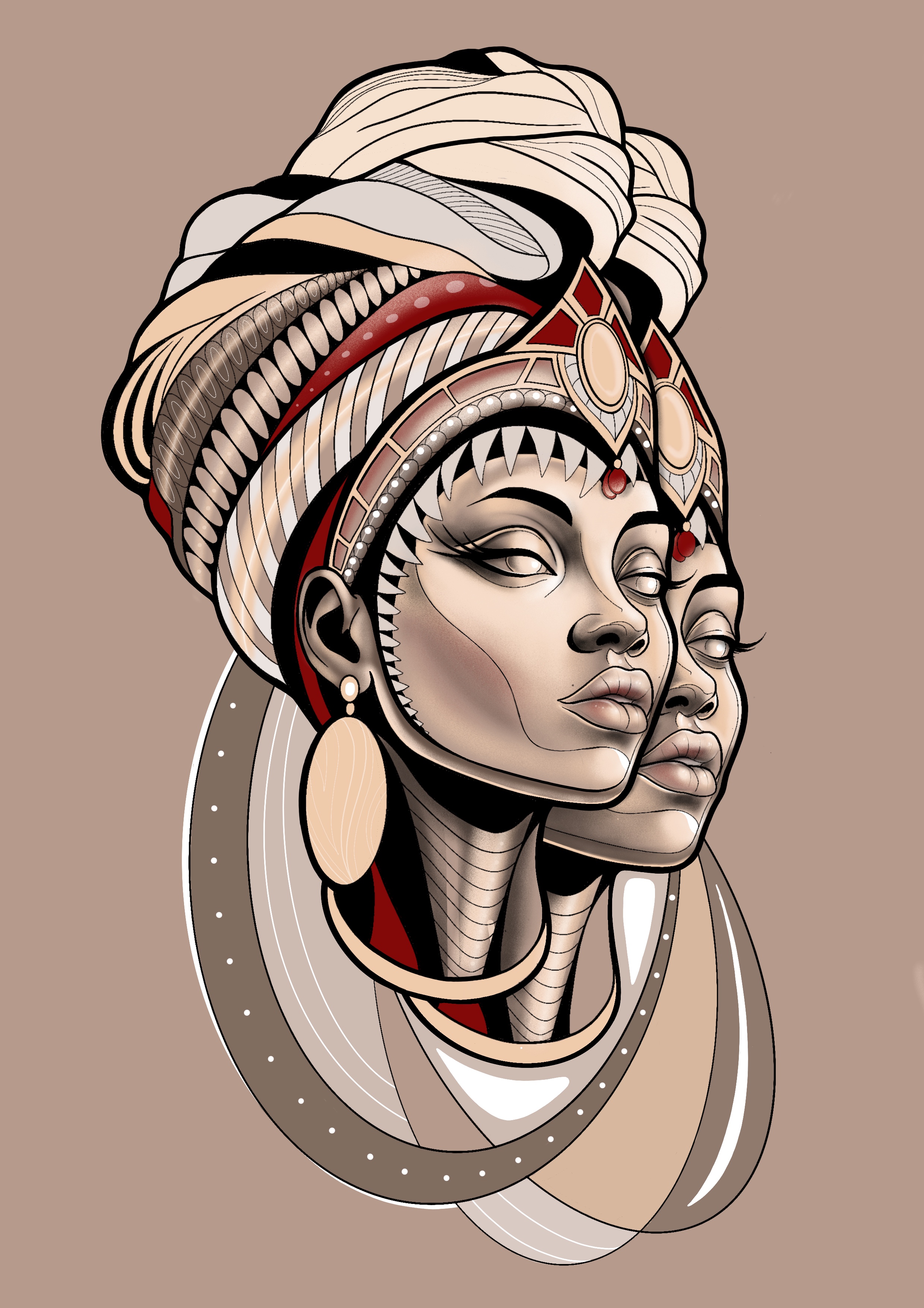 Double portrait féminin de trois quarts, coiffes et ornements dans les tons taupe, dessin original de Leali