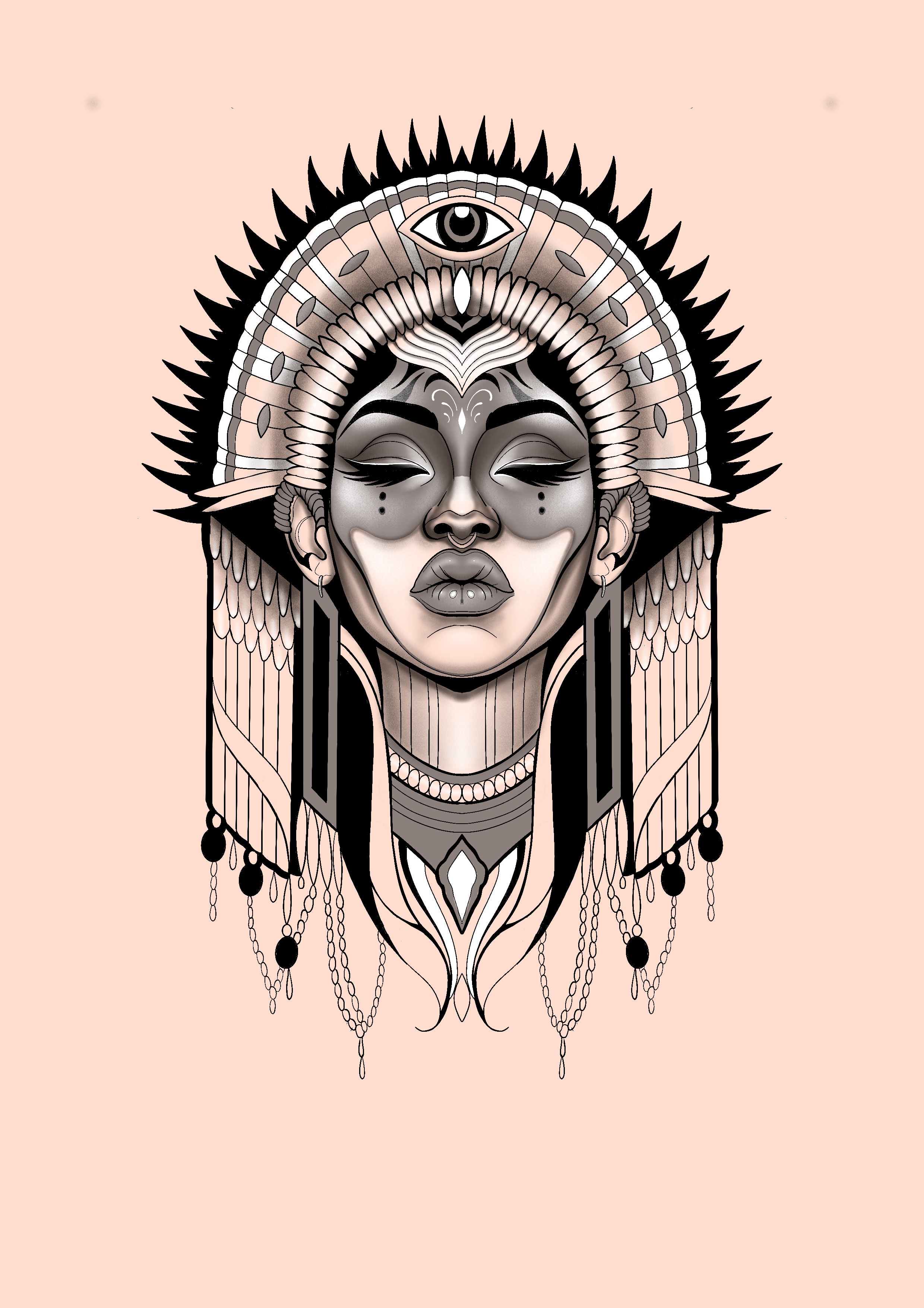 Portrait féminin aux yeux fermés, couronne ornementale et chaînes fines, dessin original de Leali