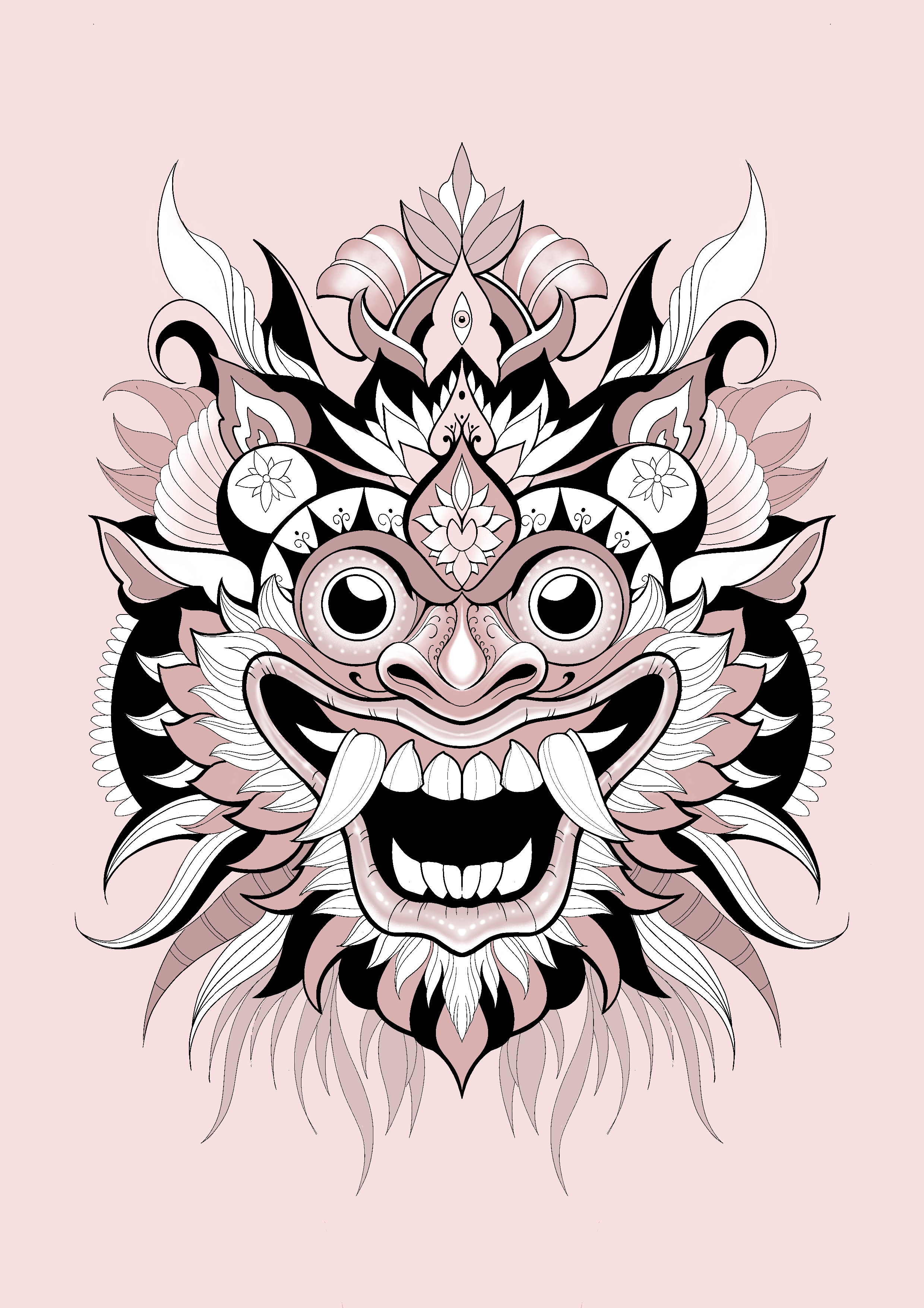 Masque expressif entouré de feuillages et ornements noirs, blancs et roses, dessin original de Leali