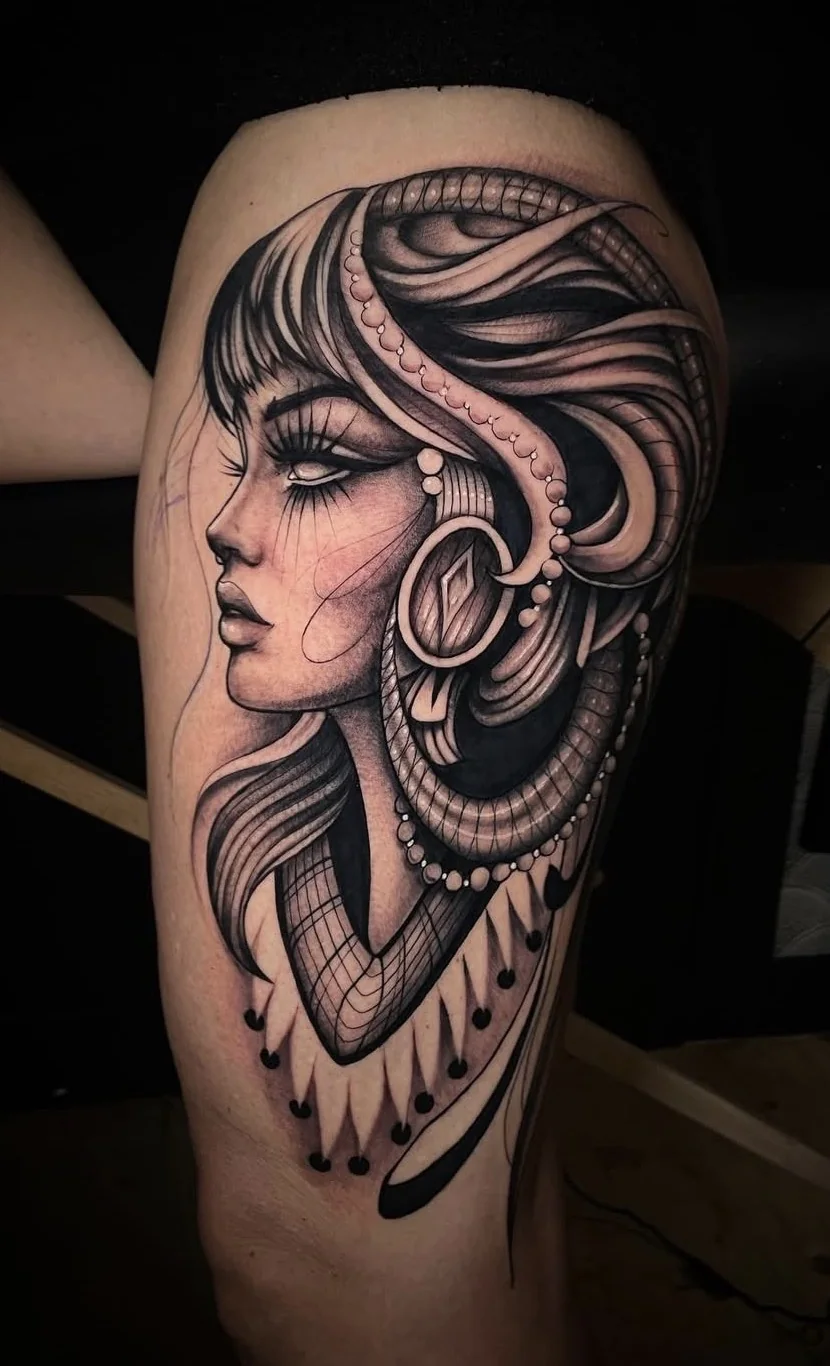 Portrait féminin de profil noir et gris avec ornements et perles, par Leali Tattoo